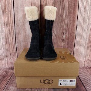 Ugg Karyn Womens Sz 7 Black Suede Leather Mid Calf Cuff Shearling Boots 1005449